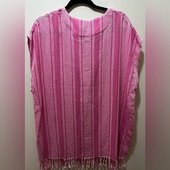 Zara Fringe Rustic Caftan Swim Cover Up pink & white stripes S/M NWT - Picture 5 of 12
